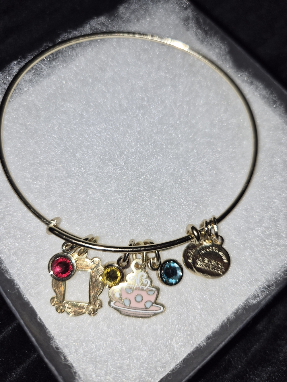 Alex and Ani Gold Tone Teacup Charm Bangle with Pink, Blue and Yellow Accents
